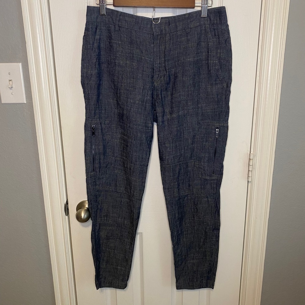Vince Cargo Pants Womens 28 Lyocell Linen Blue Tapered Utility Zipper Trousers